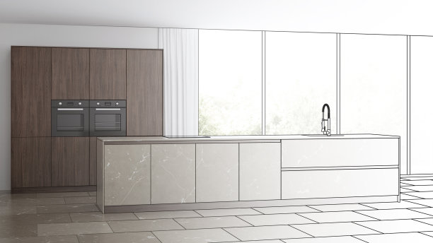 现代厨房内部。深色木材厨房与岛由天然石材。设计项目。素描。3 d渲染。图片下载