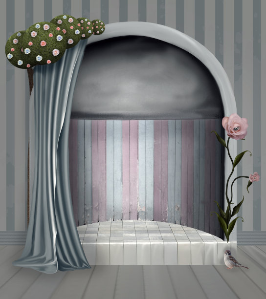 复古的灰色舞台与超现实的树木和玫瑰图片下载
