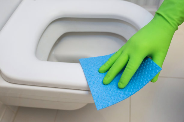 戴着绿色橡胶手套的女人正在用蓝布清洁厕所图片下载