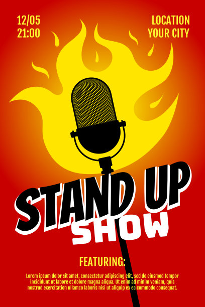 喜剧表演现场秀A3 A4海报模板设计。红色渐变背景上的复古火麦克风。热笑话烤概念传单。Vector burning open mic stage幽默插画图片下载
