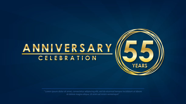 周年庆典会徽55周年。周年标志与戒指和典雅的金色在深蓝色的背景，矢量插图模板设计的庆祝问候和邀请卡图片下载