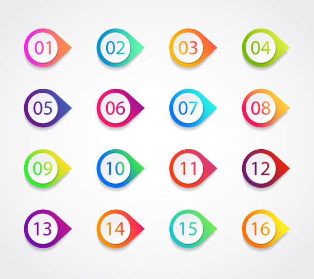 子弹标记图标，数字1,3,4,5,7,9,10,12的信息图表，演示。带有步骤的图形指针集。粘性点子弹梯度颜色。模板标签信息子弹。向量图片下载