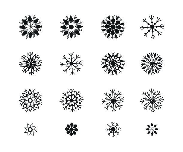 一套黑色的雪花在手绘风格孤立在白色的背景。雪花图标。向量。素材图片