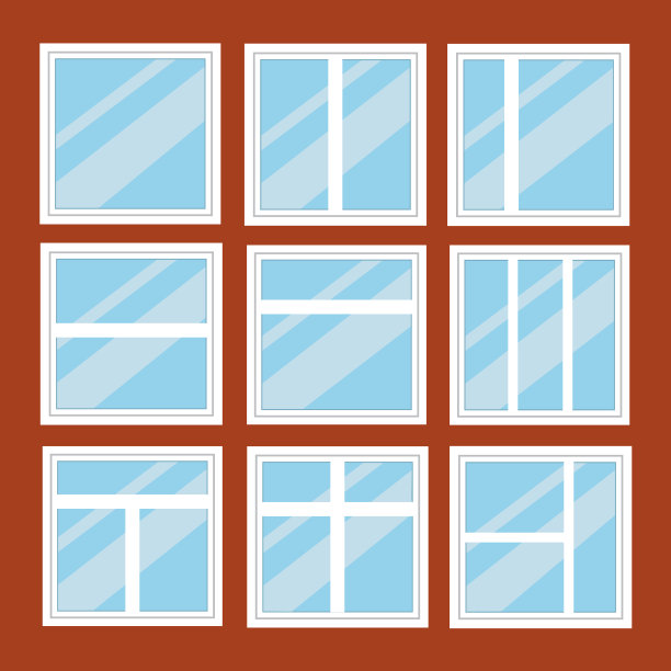 不同类型的房屋窗户元素平面风格玻璃框架建筑装饰公寓矢量插图。图片下载