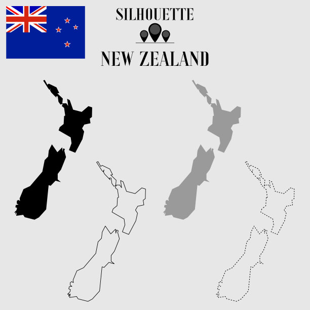 新西兰轮廓世界地图，实心，虚线等高线轮廓轮廓，国旗矢量插图设计，孤立的背景，物体，元素，符号从国家设置图片下载
