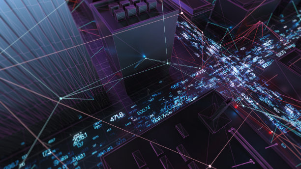 抽象的线条和数字元素的三维城市渲染。带有线框纹理和随机数字的摩天大楼。技术和连接概念。角度架构背景。图片下载