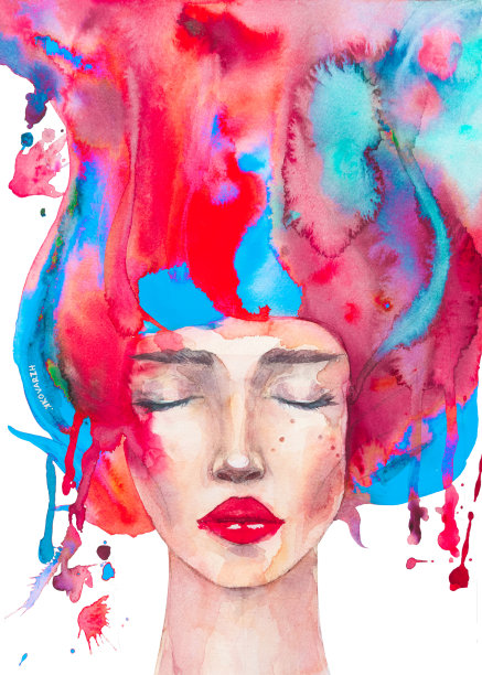 水彩画一个美丽的睡着的女孩与红头发图片下载