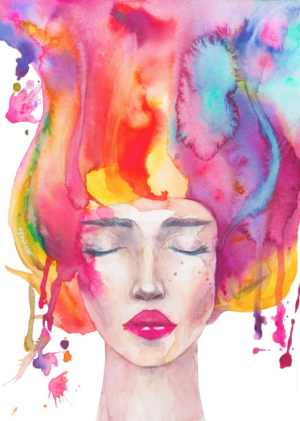 水彩画一个美丽的睡着的女孩与红头发图片下载