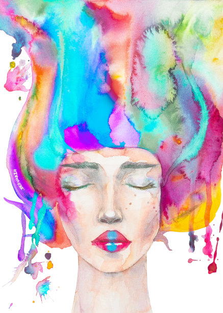 水彩画一个美丽的睡着的女孩与红头发图片下载