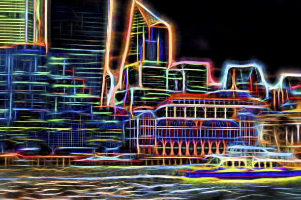 霓虹伦敦城市景观：泰晤士河与摩天大楼未来主义插画，绚丽紫色霓虹夜景图片下载