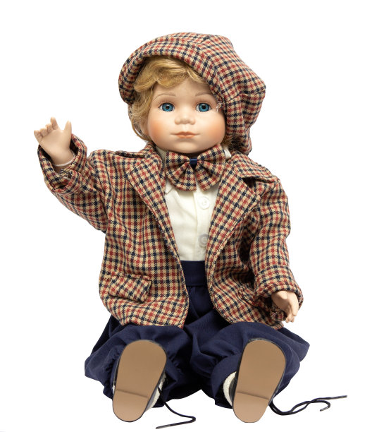 陶瓷手工制作的古董娃娃，孤立在白色的背景上。图片下载