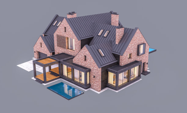 池塘上现代熟料房的3d渲染，傍晚与水池隔离在灰色图片下载