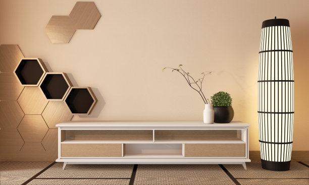 木质橱柜电视墙壁上有木质六角形瓷砖和榻榻米地板，房间具有日式风格。三维渲染图片下载
