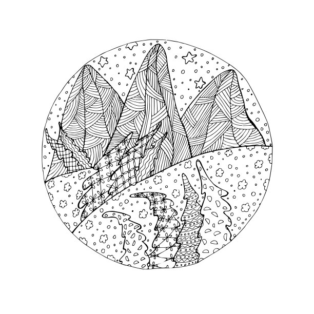 山景观涂鸦。圆平面设计贴纸，山，杉树艺术设计元素股票矢量插图图片下载