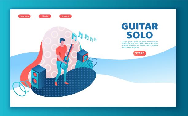 吉他手三维等角信息图插图，男子在音乐节上演奏摇滚音乐，音乐会表演海报模板，彩色图标图片下载