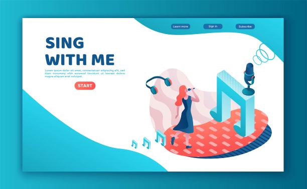 歌手大赛3d等角登陆页，矢量彩色插图，女孩用麦克风唱歌，电台人，听音乐，网站模板，ui, ux设计图片下载