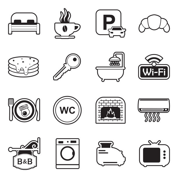 床和早餐图标。线条与填充设计。矢量插图。图片下载