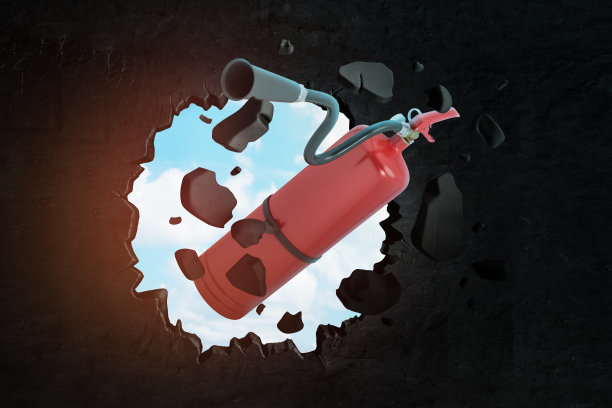 红色泡沫灭火器打破黑色墙壁的三维渲染图片下载