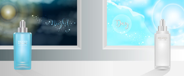 美容产品广告设计，化妆品容器与昼夜广告背景随时可用，奢侈护肤横幅，插图向量。图片下载