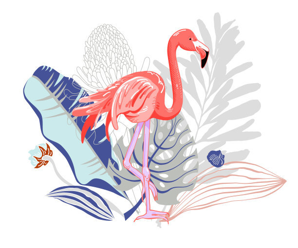 手绘粉红色火烈鸟和热带树叶的花束图片下载