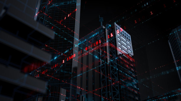 围绕反射建筑的线框结构和二进制代码素材图片
