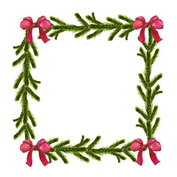 水彩圣诞框架与一个红色的弓，冷杉树枝和地方的文字。贺卡和请柬的白色背景插图。图片下载