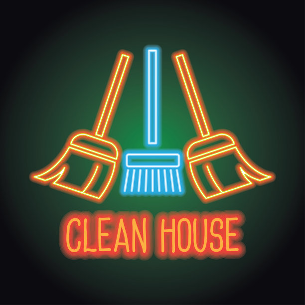 霓虹灯效果的清洁服务广告板。矢量图图片下载