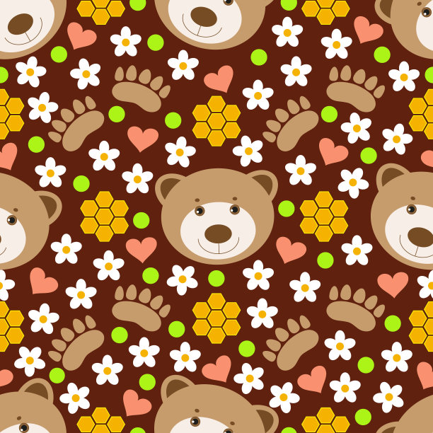 可爱的小熊和爪子在棕色的背景与心，花，绿色点和蜂巢无缝模式的孩子和孩子。快乐插图的乐趣，玩，父母和幼儿园。图片下载