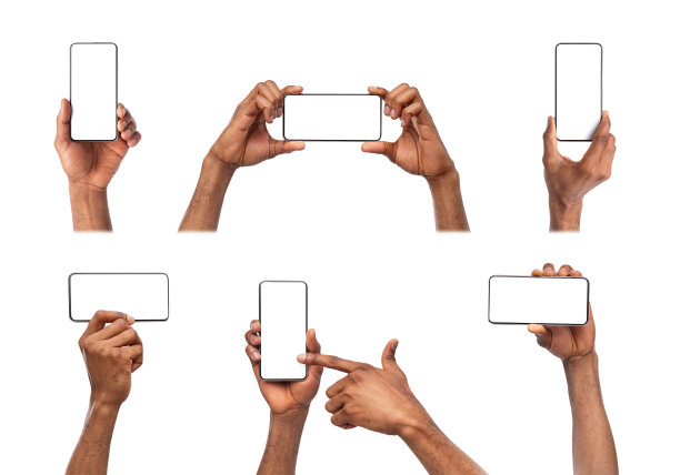 黑色的手拿着智能手机与空白屏幕隔离在白色图片下载