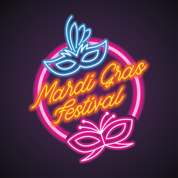 狂欢节的面具狂欢与霓虹灯效果。矢量图图片下载