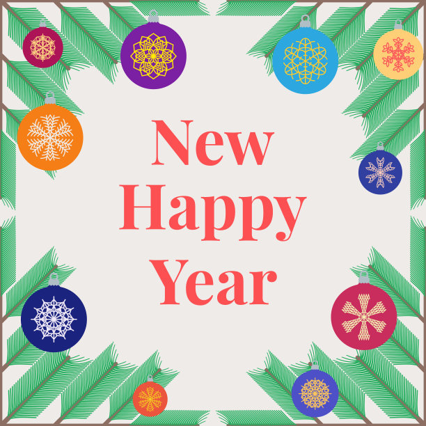 圣诞和新年平设计贺卡与树枝和装饰图片下载