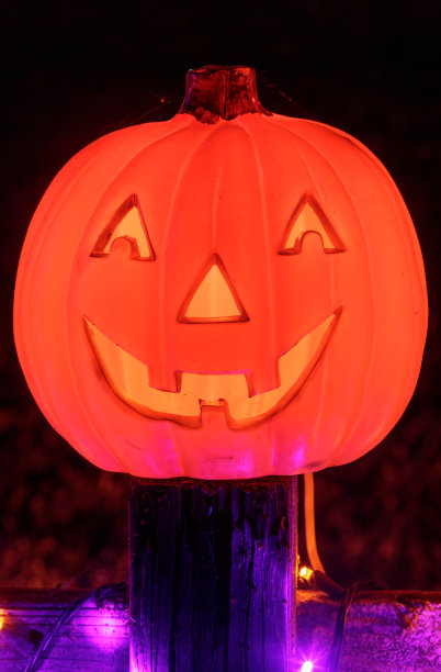南瓜灯南瓜在万圣节期间在黑暗中发光。图片下载