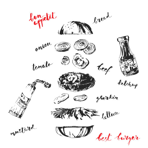 手绘黑墨水快餐插图。图片下载