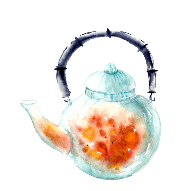 水彩画辛辣水果茶与浆果在一个圆形玻璃茶壶图片下载