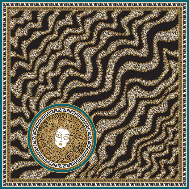 向量波条纹披巾印花黄金链，黑色和米色豹纹斑点，希腊曲流边界图案，美杜莎蛇发女妖头巴洛克丝绸大手帕。调色板上有6个图案笔刷图片下载