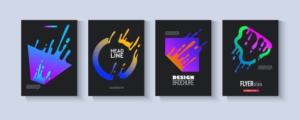 彩色飞溅几何形状传单集，黑色宣传册设计与现代抽象油漆飞溅效果图片下载