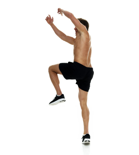 全身/一人/一人/侧视/侧视20-29岁的成年人英俊的人棕色头发/短发白人男性/年轻男子跑步/锻炼/慢跑在白人背景/冷静的态度图片下载