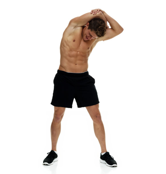 全长/一人/一人/正面视图/向下看20-29岁的成年人英俊的人棕色头发/短发高加索男性/年轻男子跑步/锻炼/慢跑/伸展在白人背景/酷的态度图片下载