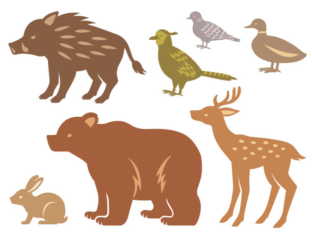 两种颜色剪影插图日本狩猎鸟类和野兽图片下载