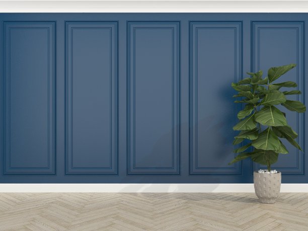 经典的蓝色墙壁与木地板和小提琴图，3d渲染图片下载