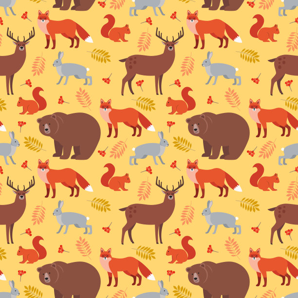 无缝模式的森林动植物:狐狸，鹿，熊，野兔，松鼠，秋天的叶子，花楸浆果孤立在黄色的背景。图片下载