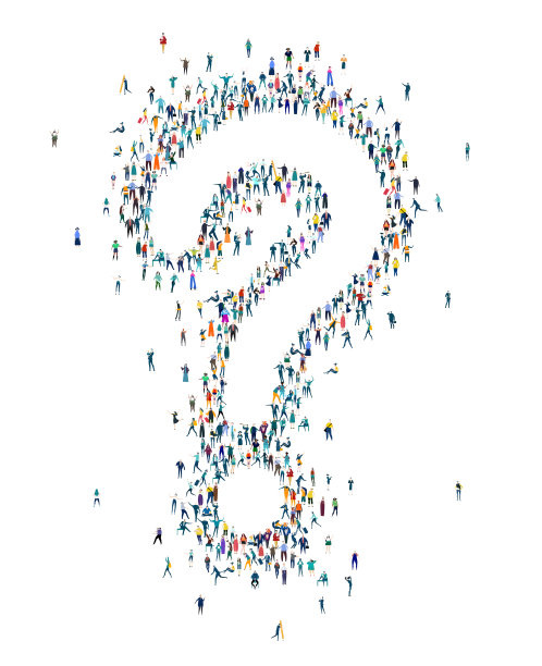 问号。一大群商人、工人、家庭成员和学生组成问号。由小忙人组成的图标集合。图片下载