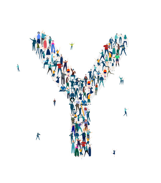 一大群商业人士、工人、家庭成员和学生被组织成字母m。小忙人的图标集合。图片下载