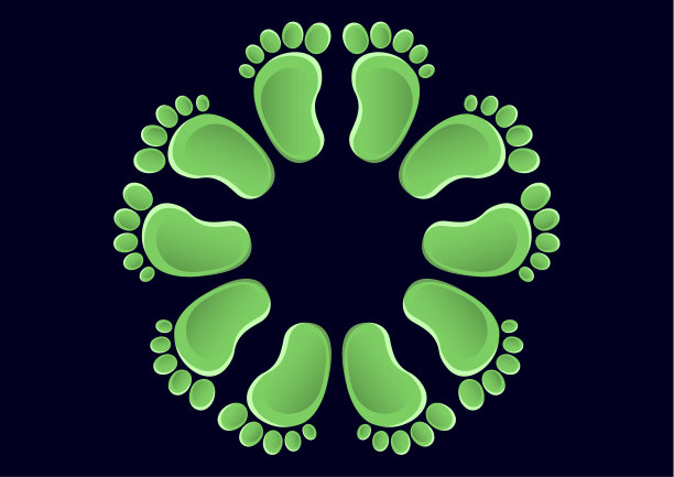 宝宝的脚印在一个圆圈里，图标。抽象的概念。平面设计。黑色背景上的矢量。图片下载