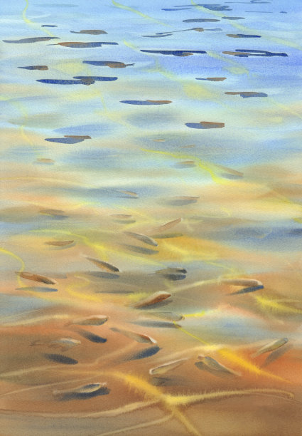 阳光明媚的水与透明的波浪和鱼水彩背景图片下载