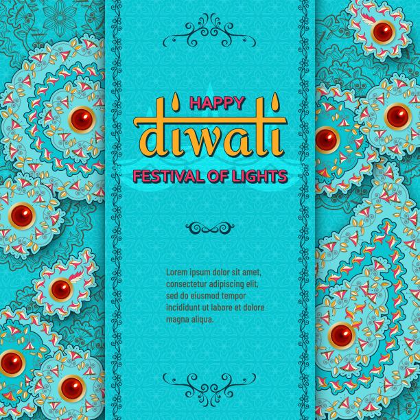 快乐排灯节紫色模板与花卉佩斯利和曼荼罗。花和叶图案。节日灯。贺卡与迪娅。矢量插图。图片下载