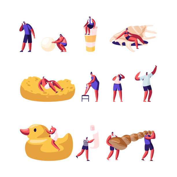 人们放松在海滩和洗澡设置。男女人物晒黑拿贝壳和珍珠男女卫生程序在浴室脱毛洗发。卡通平面矢量插图图片下载