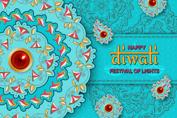 快乐排灯节紫色模板与花卉佩斯利和曼荼罗。花和叶图案。节日灯。贺卡与迪娅。矢量插图。图片下载