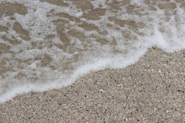带着泡泡的海浪拍打着沙滩墙纸。大海，海浪，沙子，沙滩和阳光图片下载