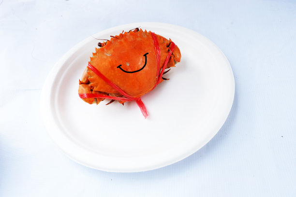 螃蟹孤立在白色背景与顶视图。鲜活海鲜或食品设计理念。煮熟的橙蟹，作为一餐。图片下载